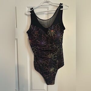 Black One-Piece Swimsuit with Colorful Spiderweb Print